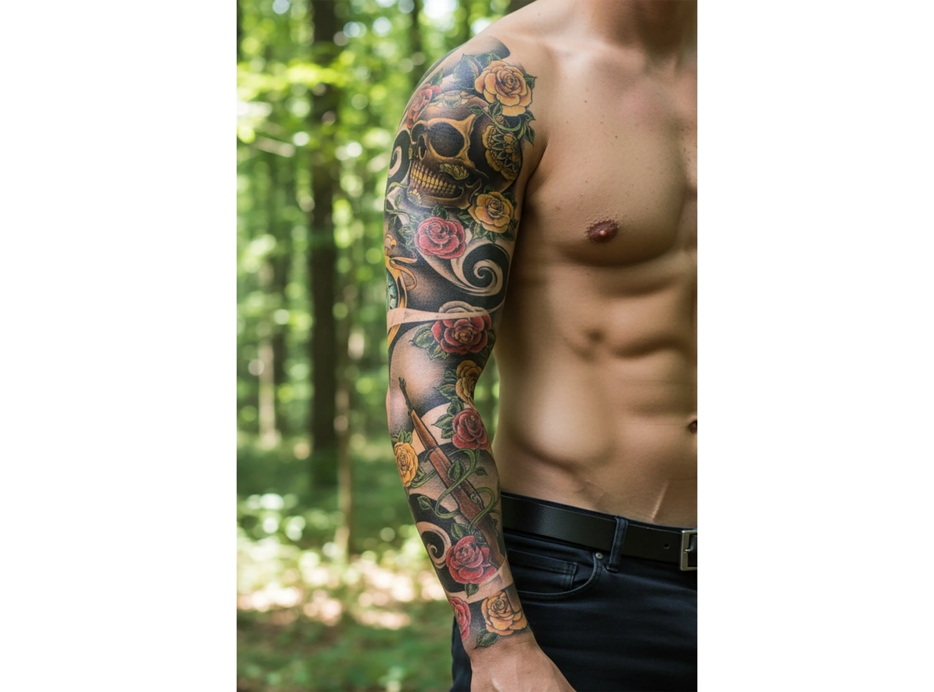 Geçici Kurukafa Çiçek ve Silah Kol Dövme Tattoo