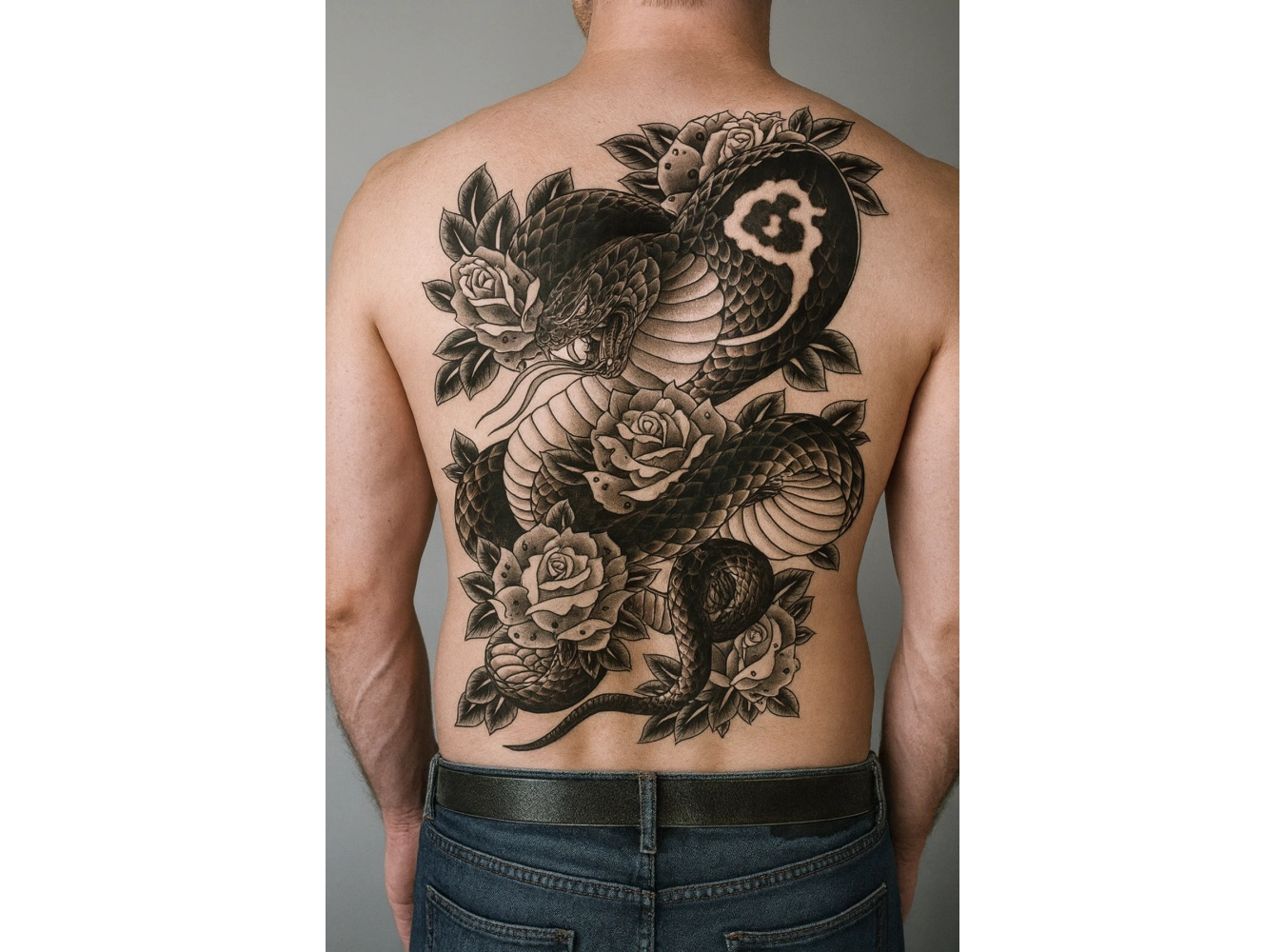 Geçici Yılan ve Gül Modelli Sırt Dövme Tattoo
