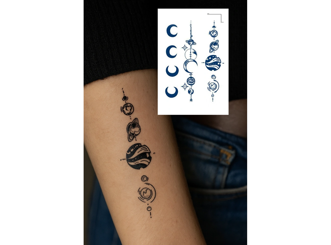 Gezegen Ve Ay Figürlü 12 Saat Sonra Kararan Geçici Dövme Tattoo