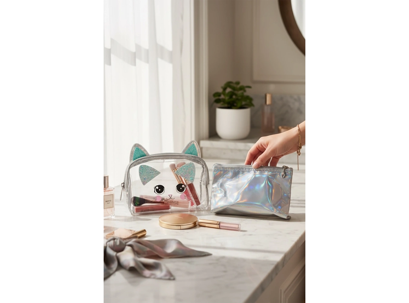 Gri Renk 3lü Makyaj Çantası