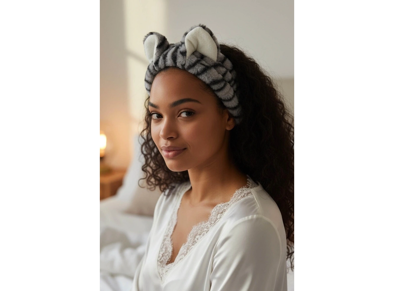 Gri Renk Kulak Detaylı Peluş Saç Bandı