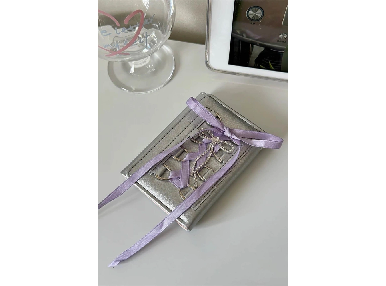 Gri Renk Mor Kurdele Detaylı Kadın Cüzdan/ Kartlık