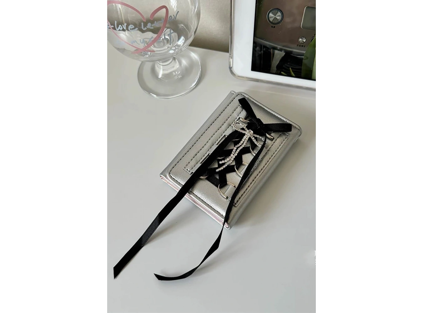 Gri Renk Siyah Kurdele Detaylı Kadın Cüzdan/ Kartlık