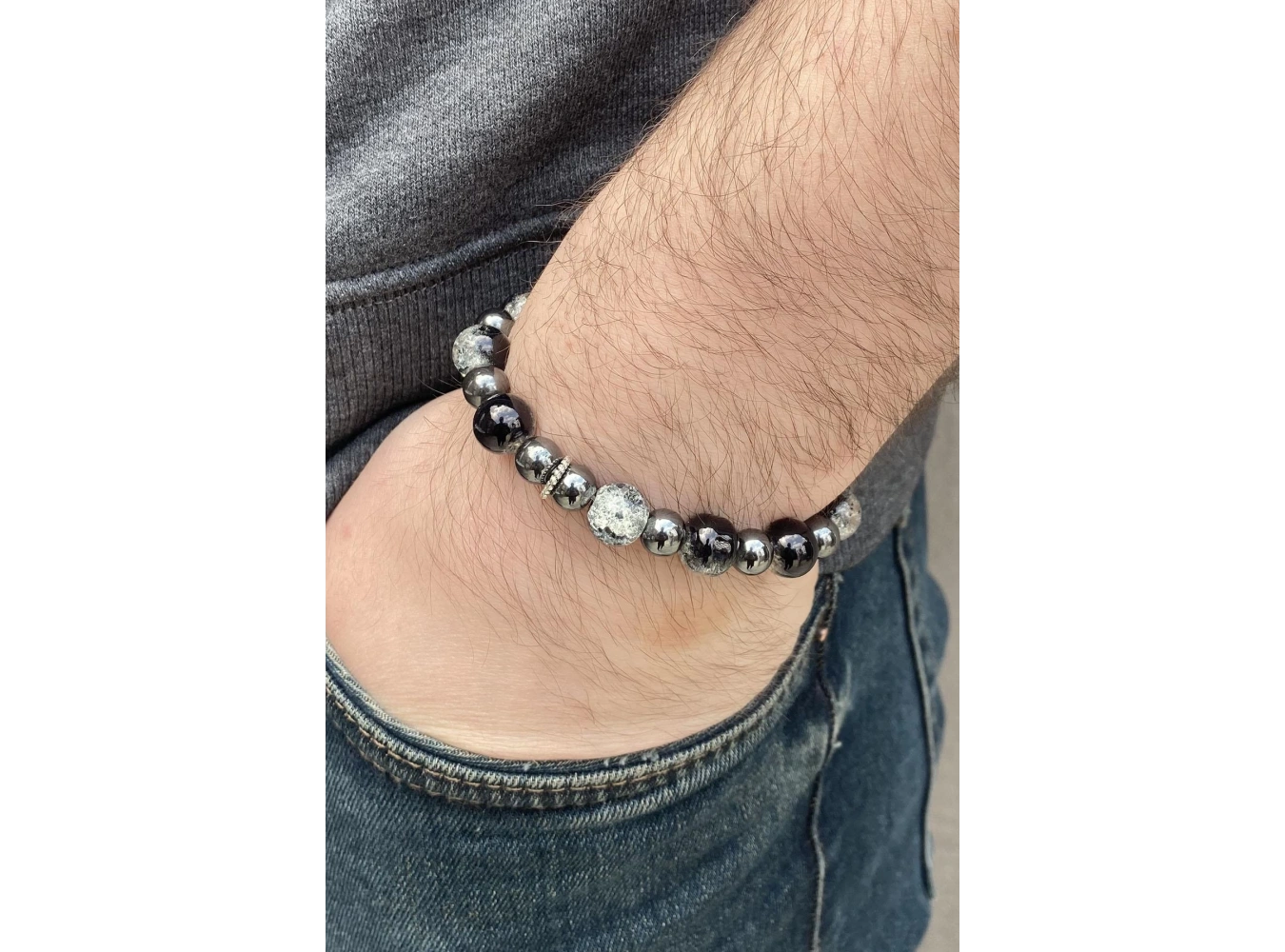 Gri Renk Taş Detaylı Erkek Bileklik