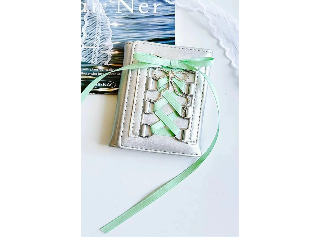 Gri Renk Yeşil Kurdele Detaylı Kadın Cüzdan/ Kartlık