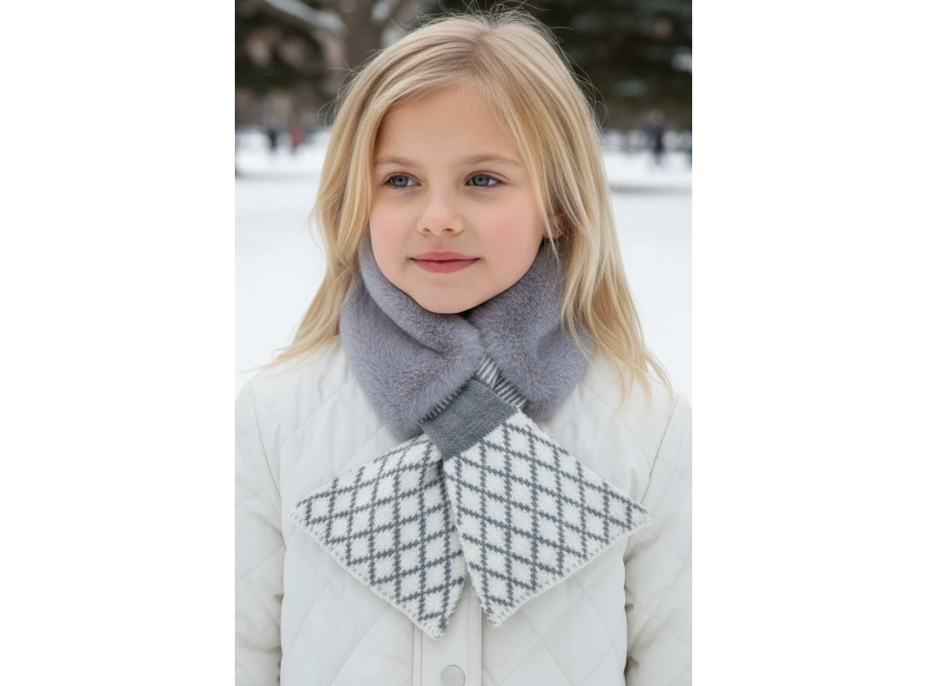 Gri Ve Beyaz Renk Çizgi Detaylı Çocuk Peluş Atkı