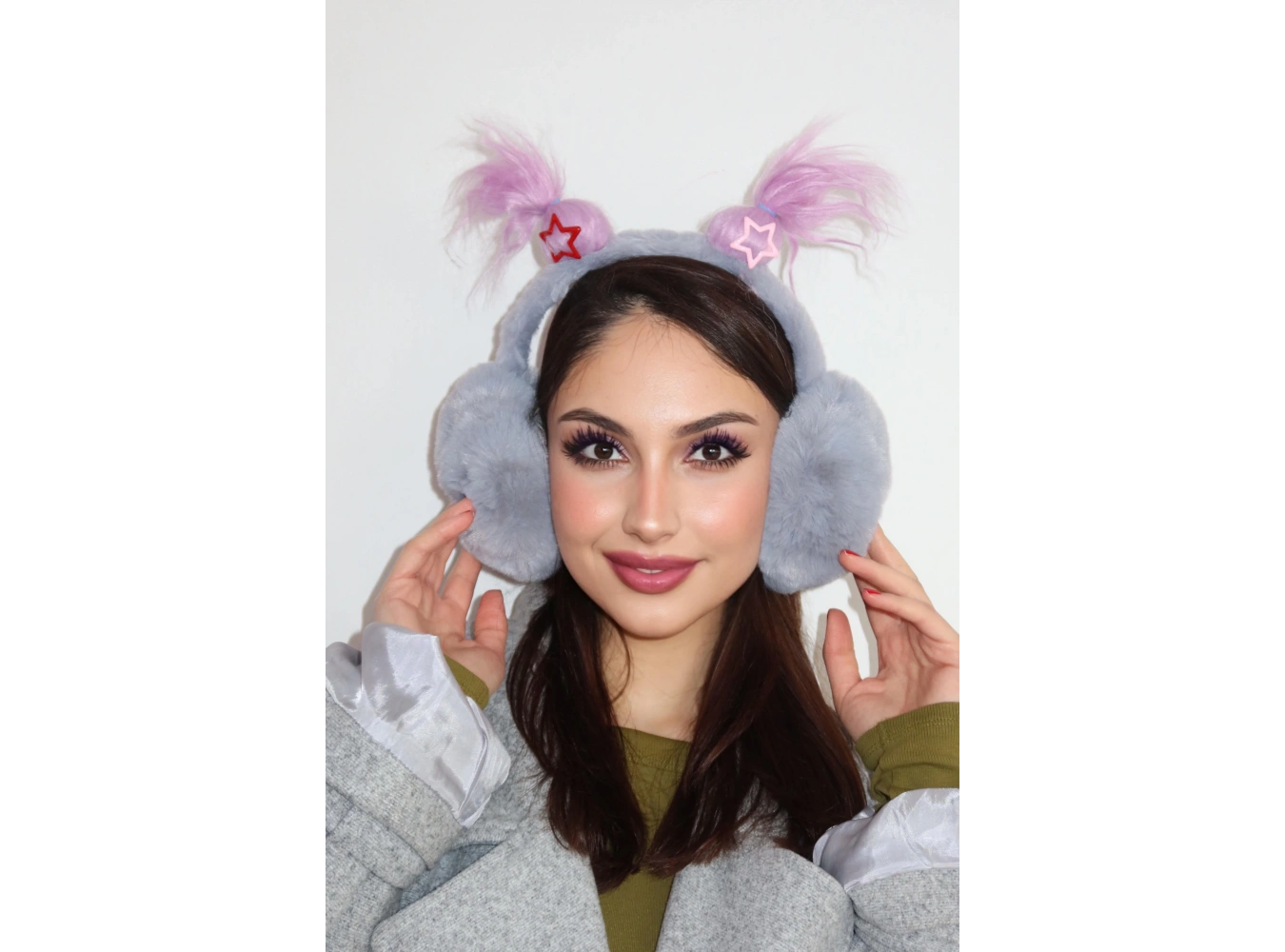 Gri Ve Mor Renk Saç Detaylı Peluş Kulaklık