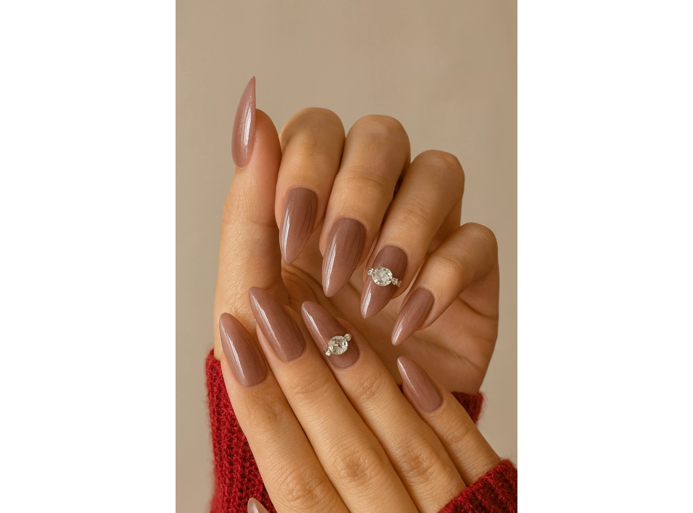 Gül Kurusu Renk Taş Detaylı Jel Tırnak Görünümlü 10lu Takma Tınak Set (Yapıştırıcılı)