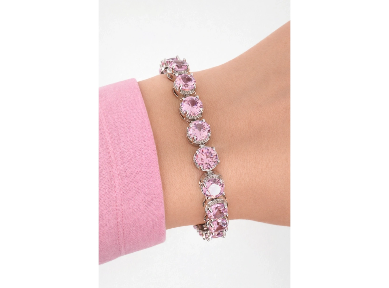 Gümüş Renk 14K Altın Kaplama Pembe Taşlı Bileklik