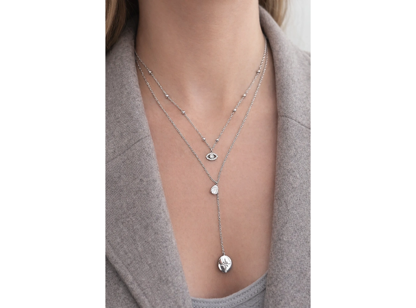 Gümüş Renk 2lİ Zincir Detaylı Taş Detay Çelik Y Kolye