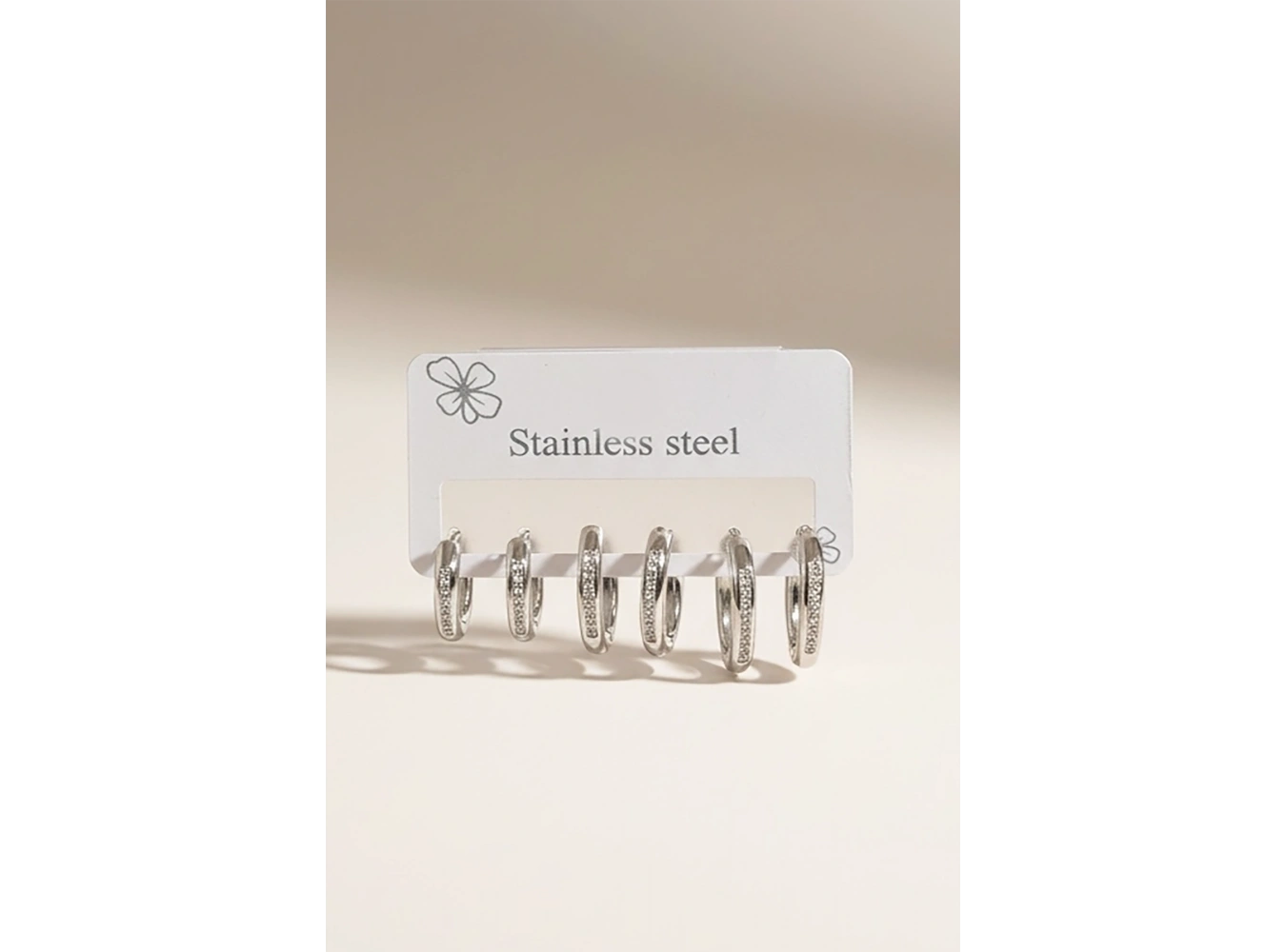 Gümüş Renk 6lı Halka Detaylı Taşlı  Çelik Küpe Set