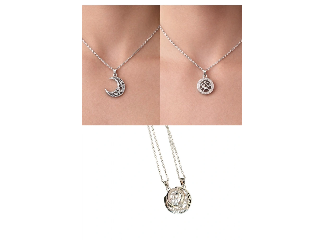 Gümüş Renk Ay Detaylı İkili Mıknatıslı Çelik Arkadaşlık Kolyesi