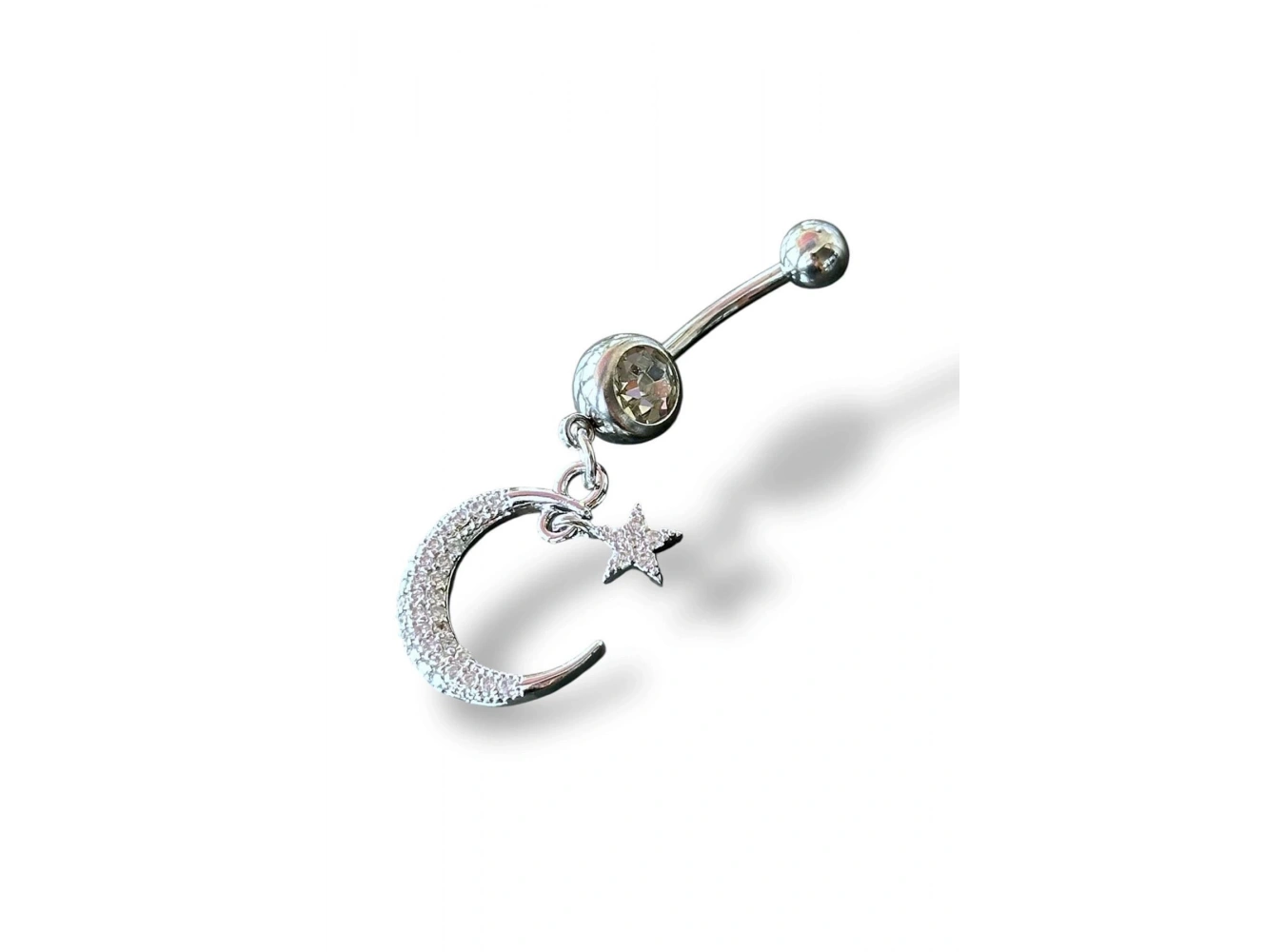 Gümüş Renk Ay Ve Yıldız Figürlü Taş Detaylı Cerrahi Çelik Göbek Piercing