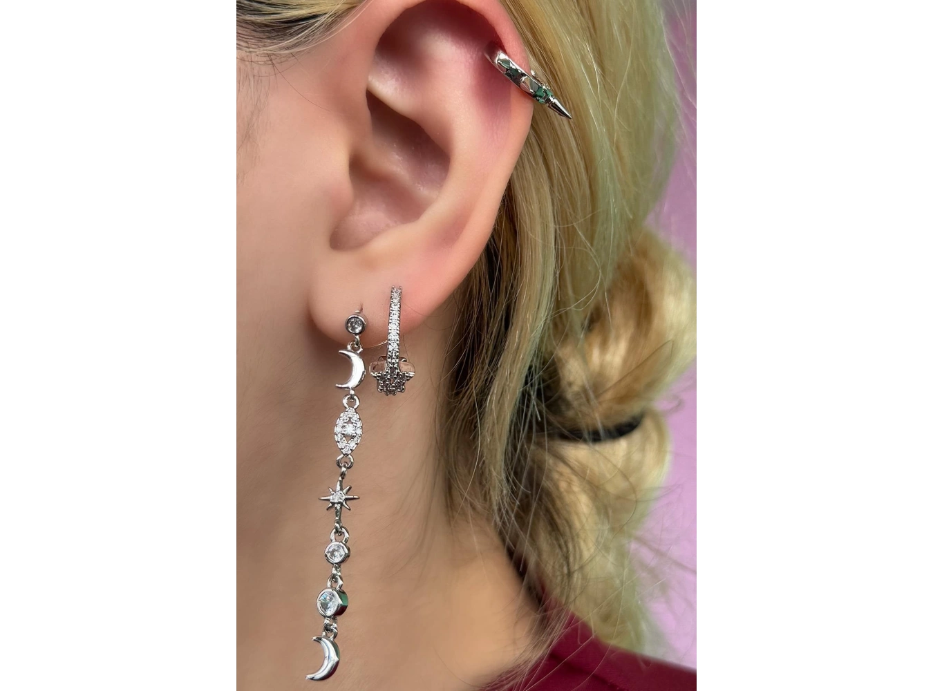 Gümüş Renk Ay Ve Yıldız Figürlü Taş Detaylı VİP 3lü YSX Küpe Set