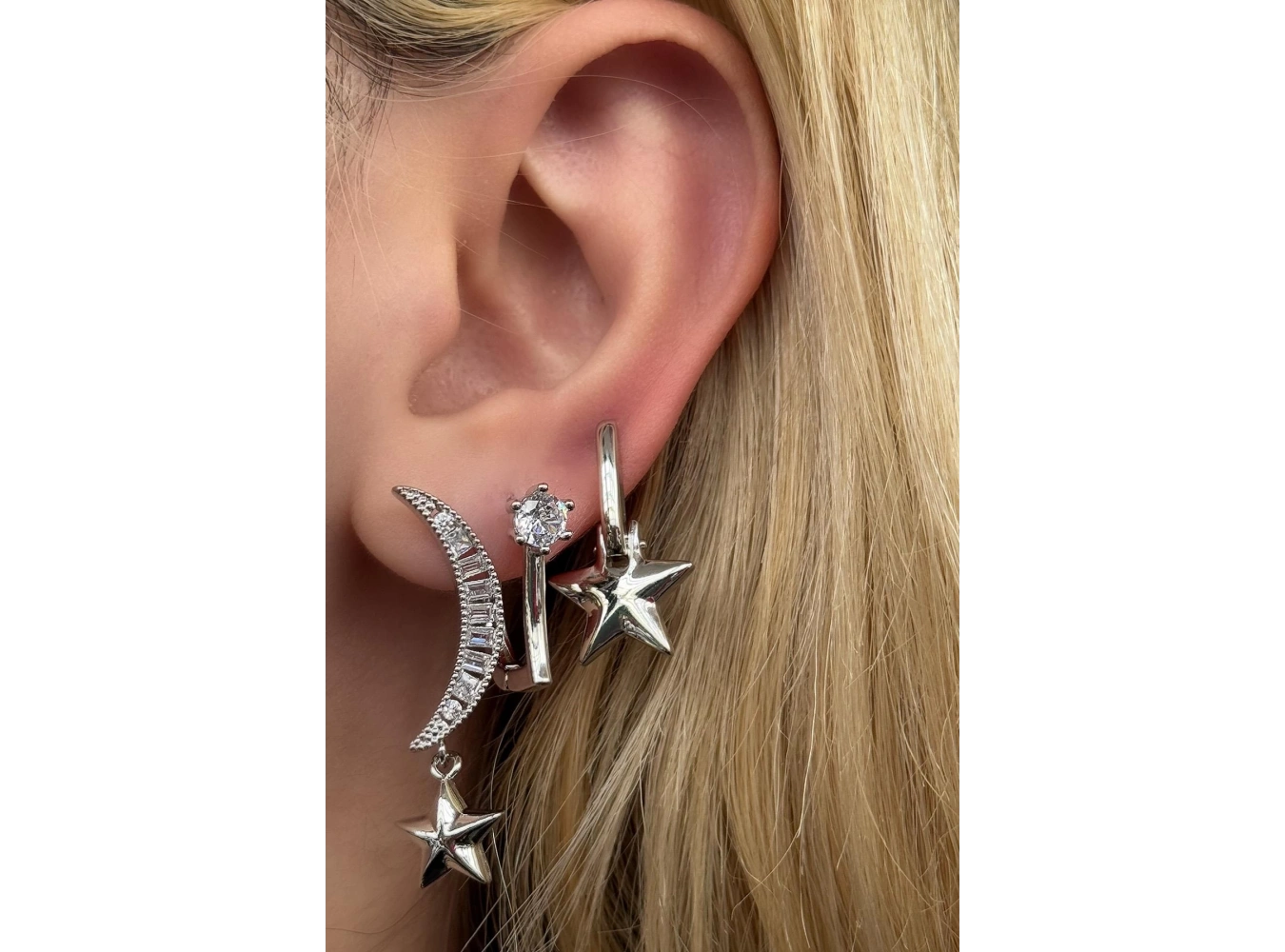 Gümüş Renk Ay Ve Yıldız Figürlü Taş Detaylı VİP 3lü YSX Küpe Set