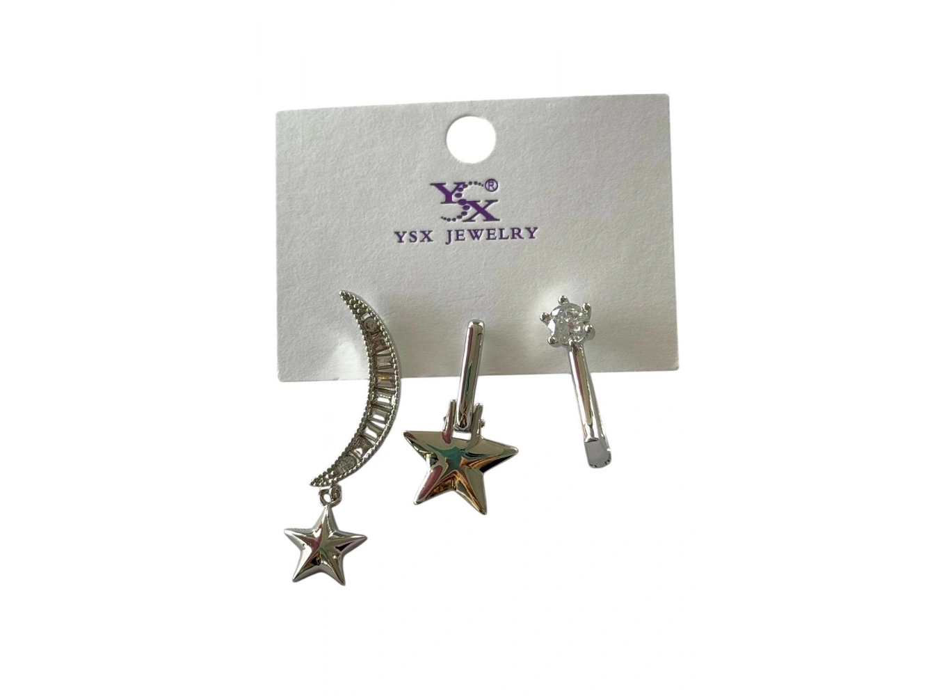 Gümüş Renk Ay Ve Yıldız Figürlü Taş Detaylı VİP 3lü YSX Küpe Set