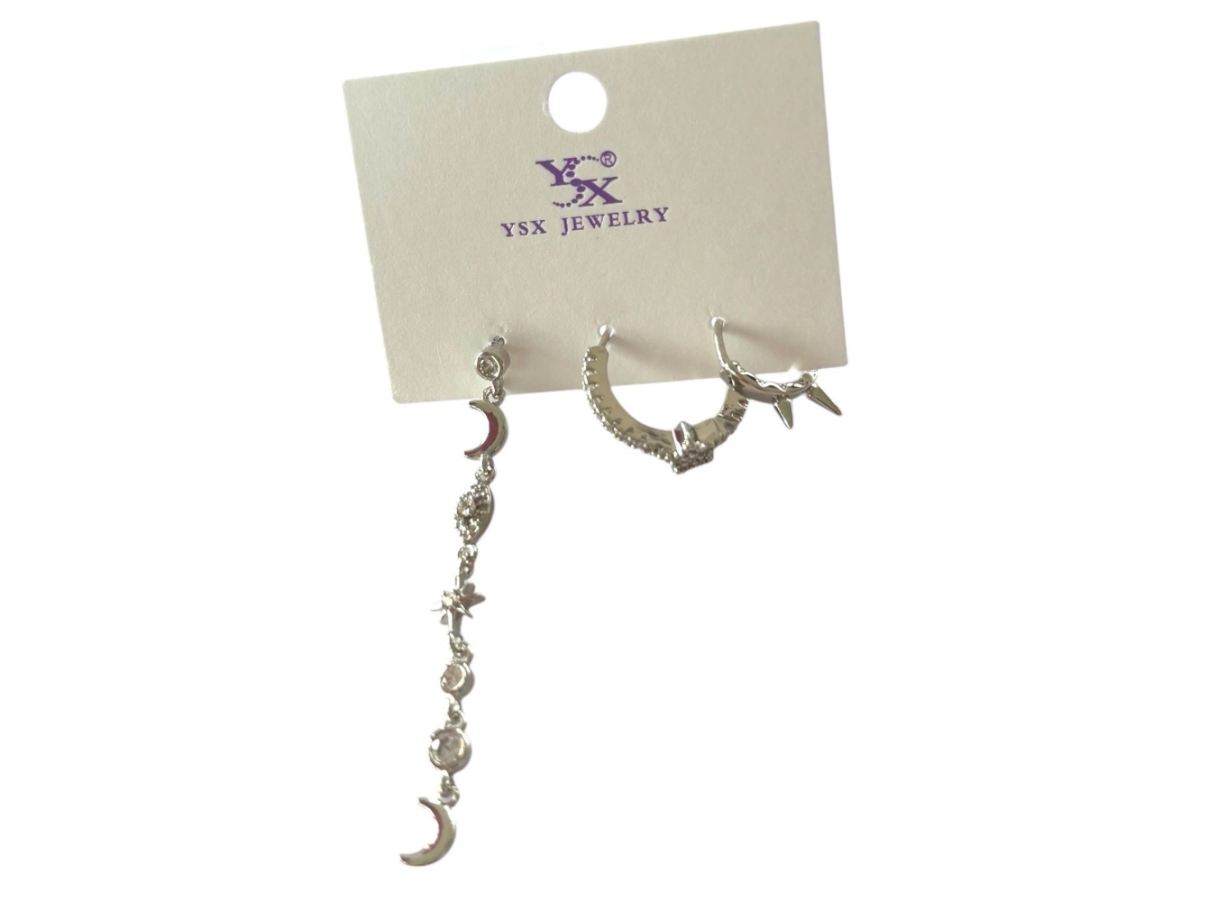 Gümüş Renk Ay Ve Yıldız Figürlü Taş Detaylı VİP 3lü YSX Küpe Set