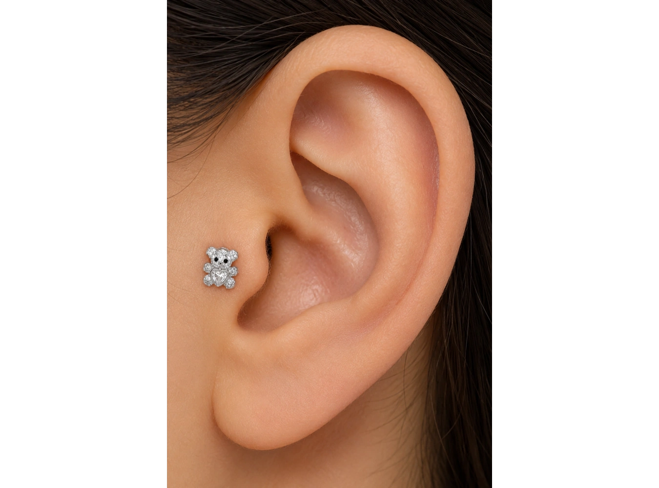 Gümüş  Renk Ayıcık Figürlü   Taşlı Cerrahi Çelik Tragus/Kıkırdak Küpe/Piercing (Tek)