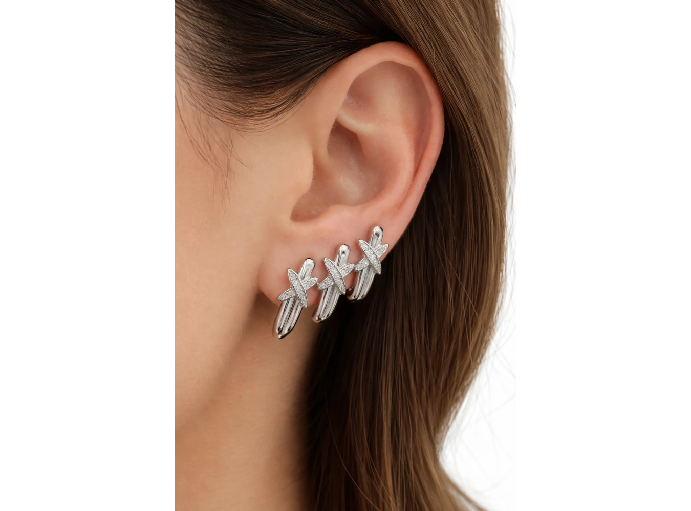 Gümüş Renk Çarpı Detaylı 3lü Ysx Küpe Set