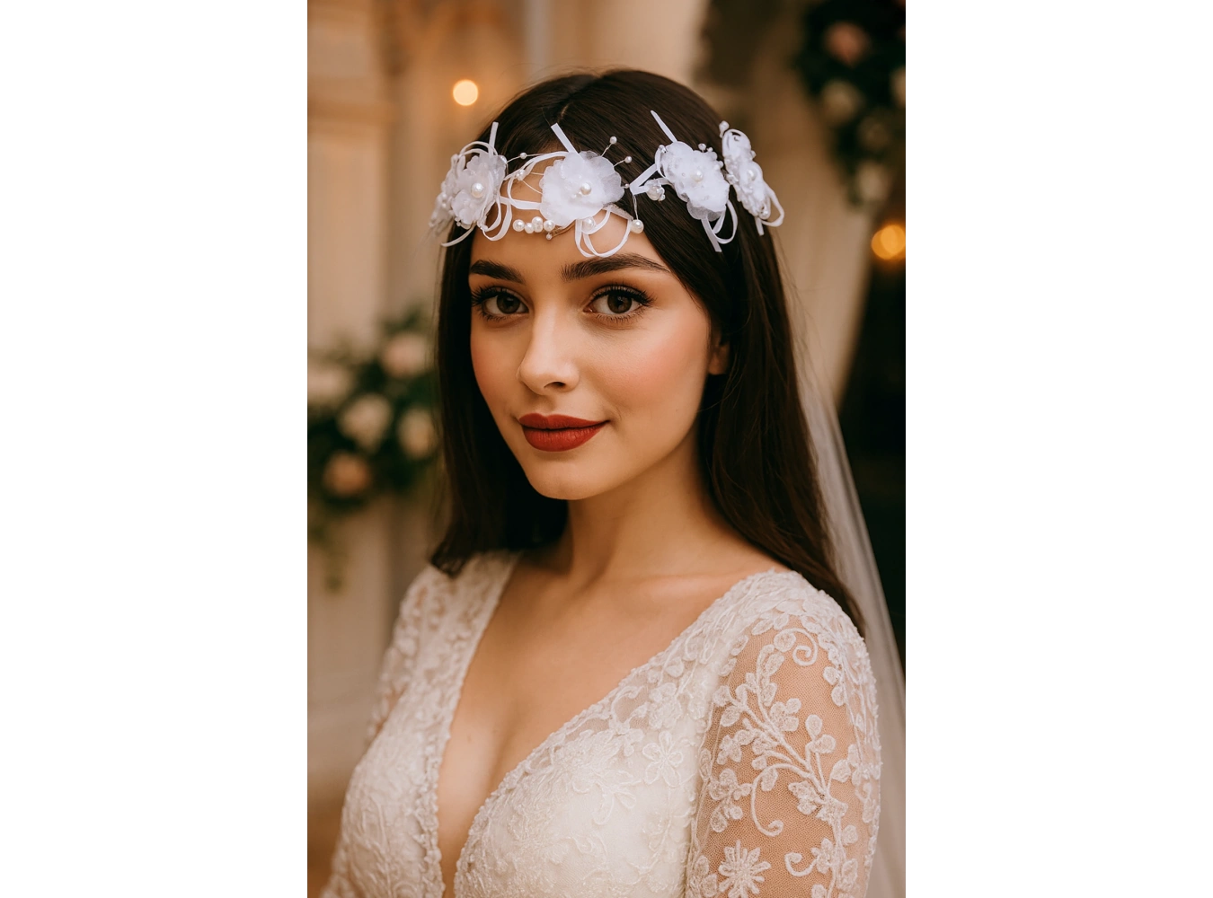 Gümüş Renk Çiçek Figürlü İnci Detaylı Saç Aksesuarı/ Alınlık