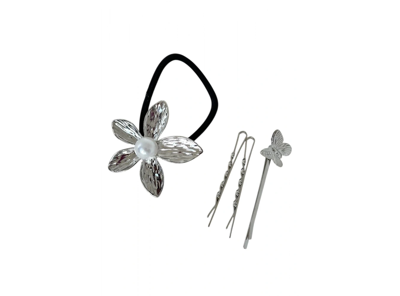 Gümüş Renk Çiçek Figürlü Lastik Toka Ve Tel Toka Set