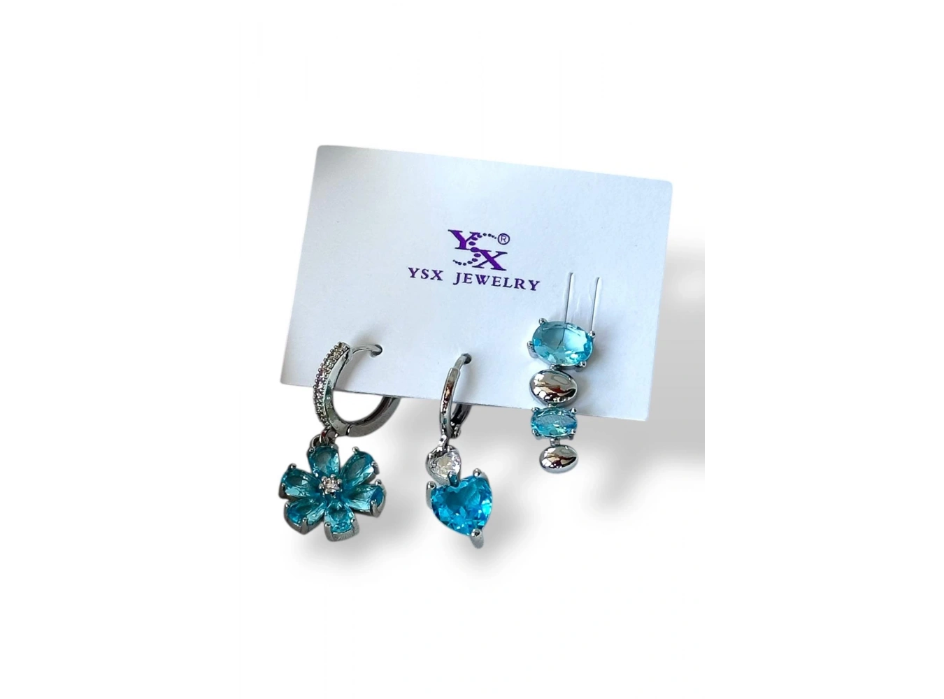 Gümüş Renk Çiçek Figürlü Mavi Taş Detaylı VİP 3lü YSX Küpe Set