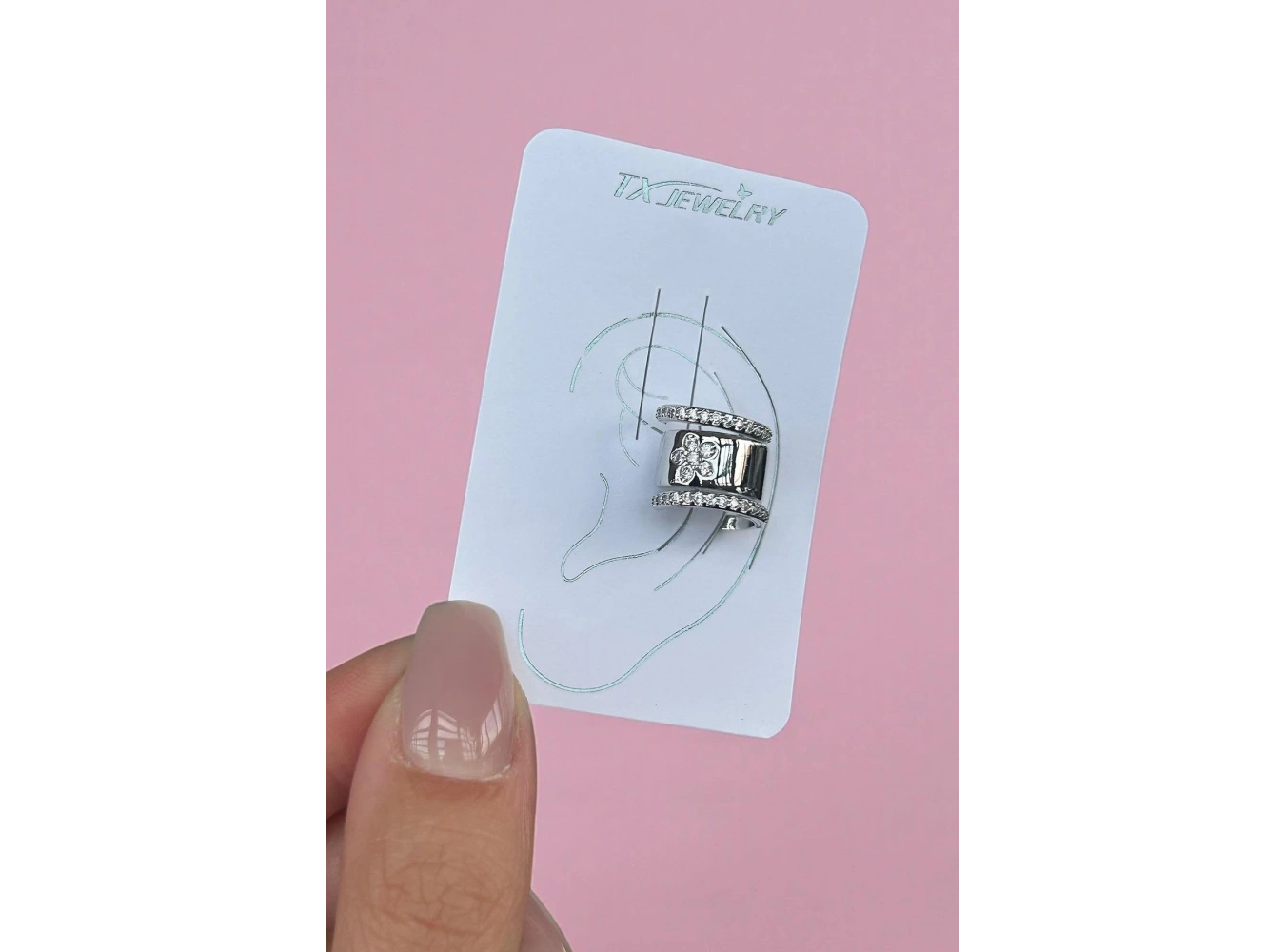 Gümüş Renk Çiçek Figürlü Taş Detaylı 14K Altın Kaplama TX Ear Cuff (Tek)