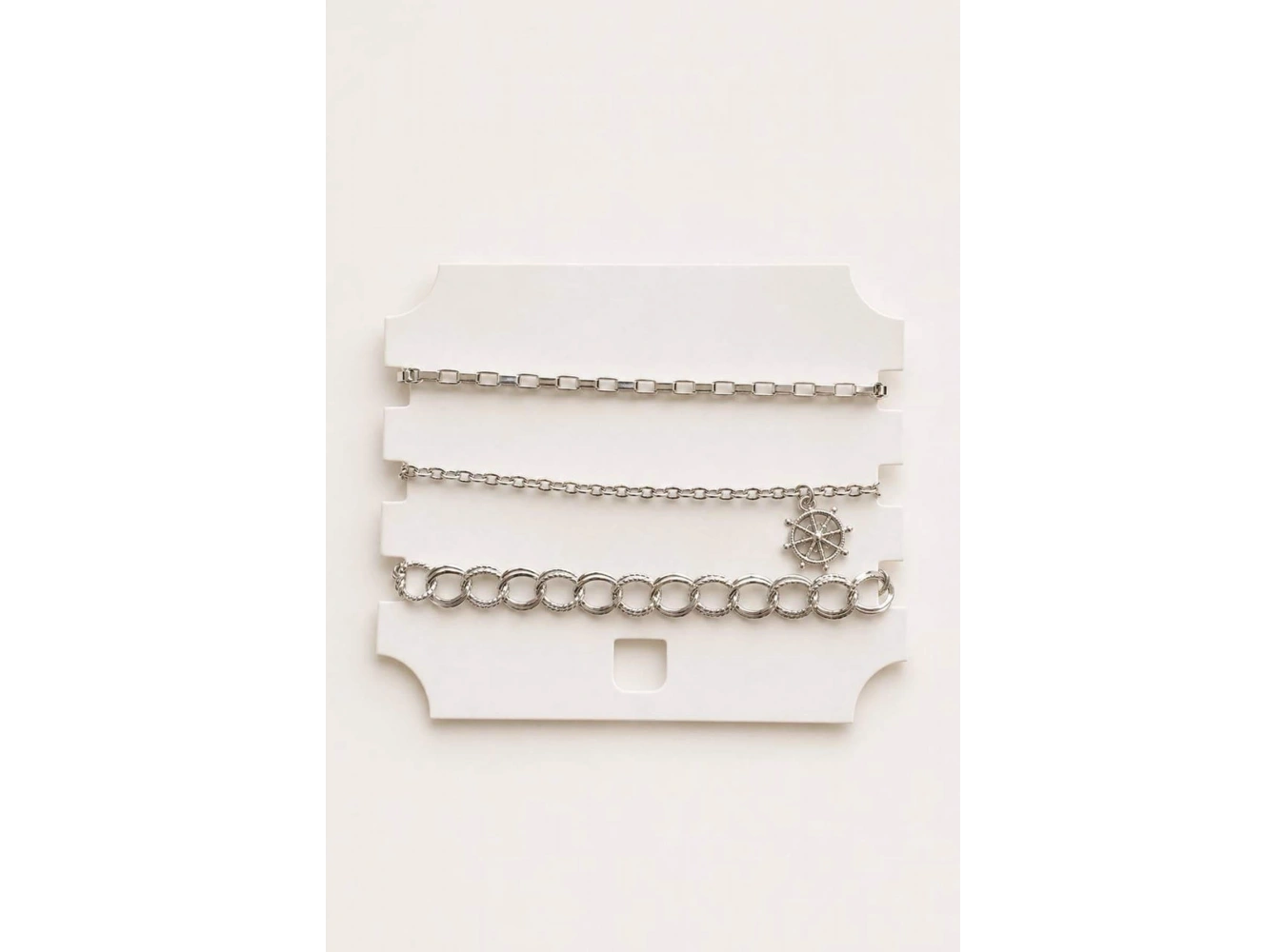 Gümüş Renk Dümen Figürlü Zincir Detaylı 3lü Bileklik Set