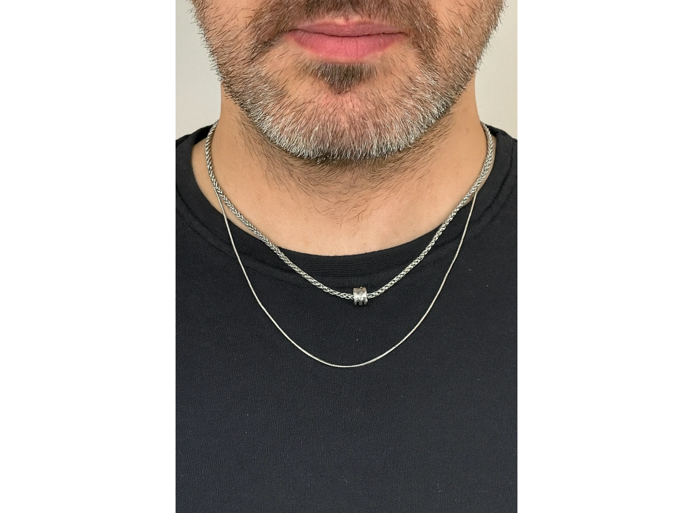 Gümüş Renk Erkek İkili Zincir Çelik Kolye