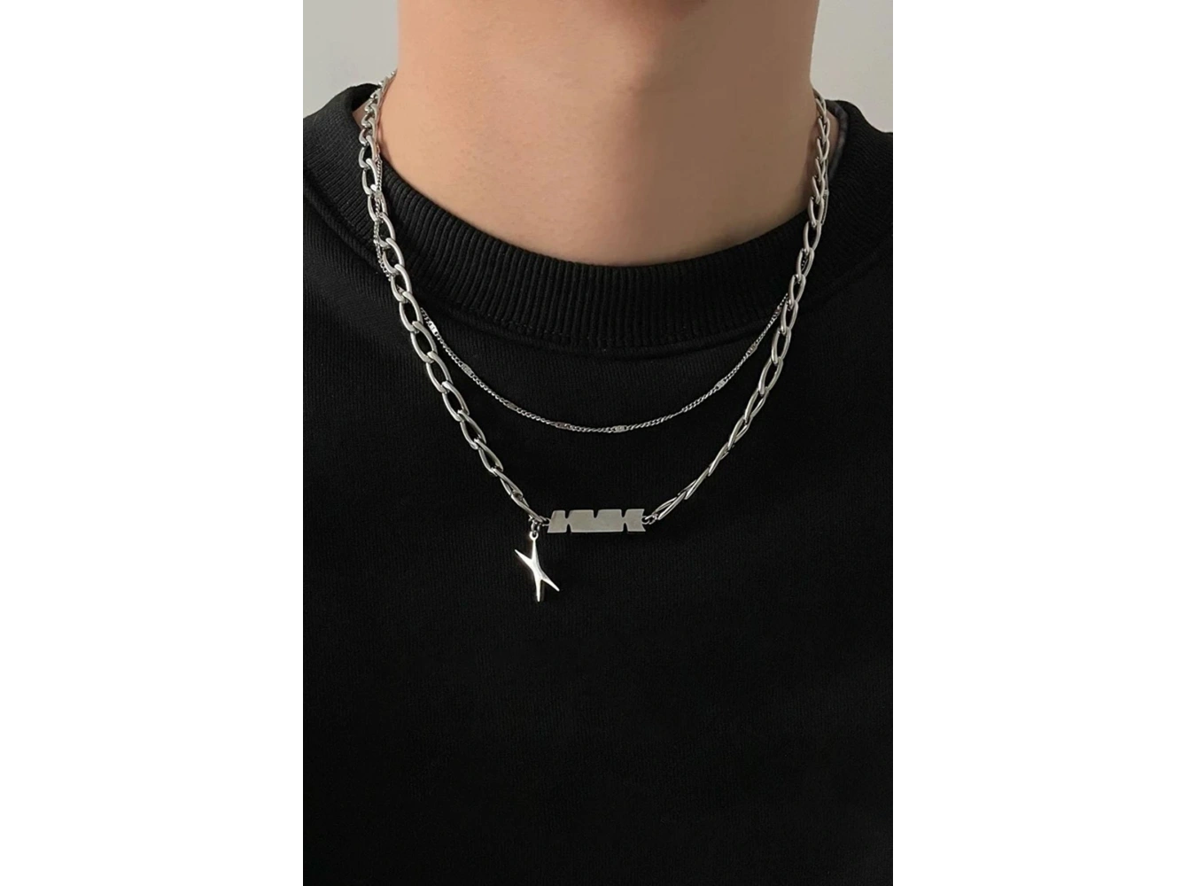 Gümüş Renk Erkek İkili Zincir Çelik Kolye