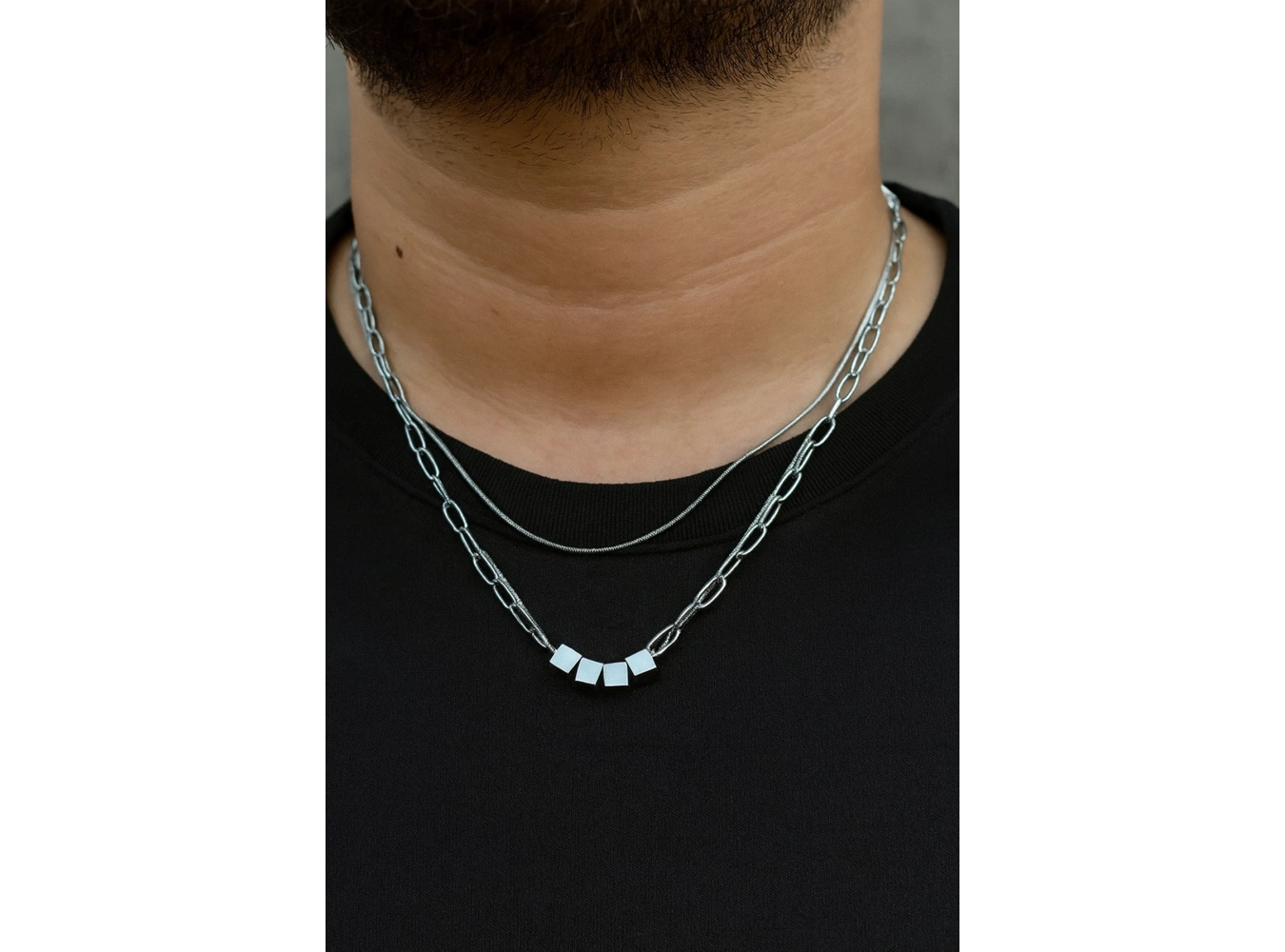 Gümüş Renk Erkek Zincir Çoklu Çelik Kolye (55cm)