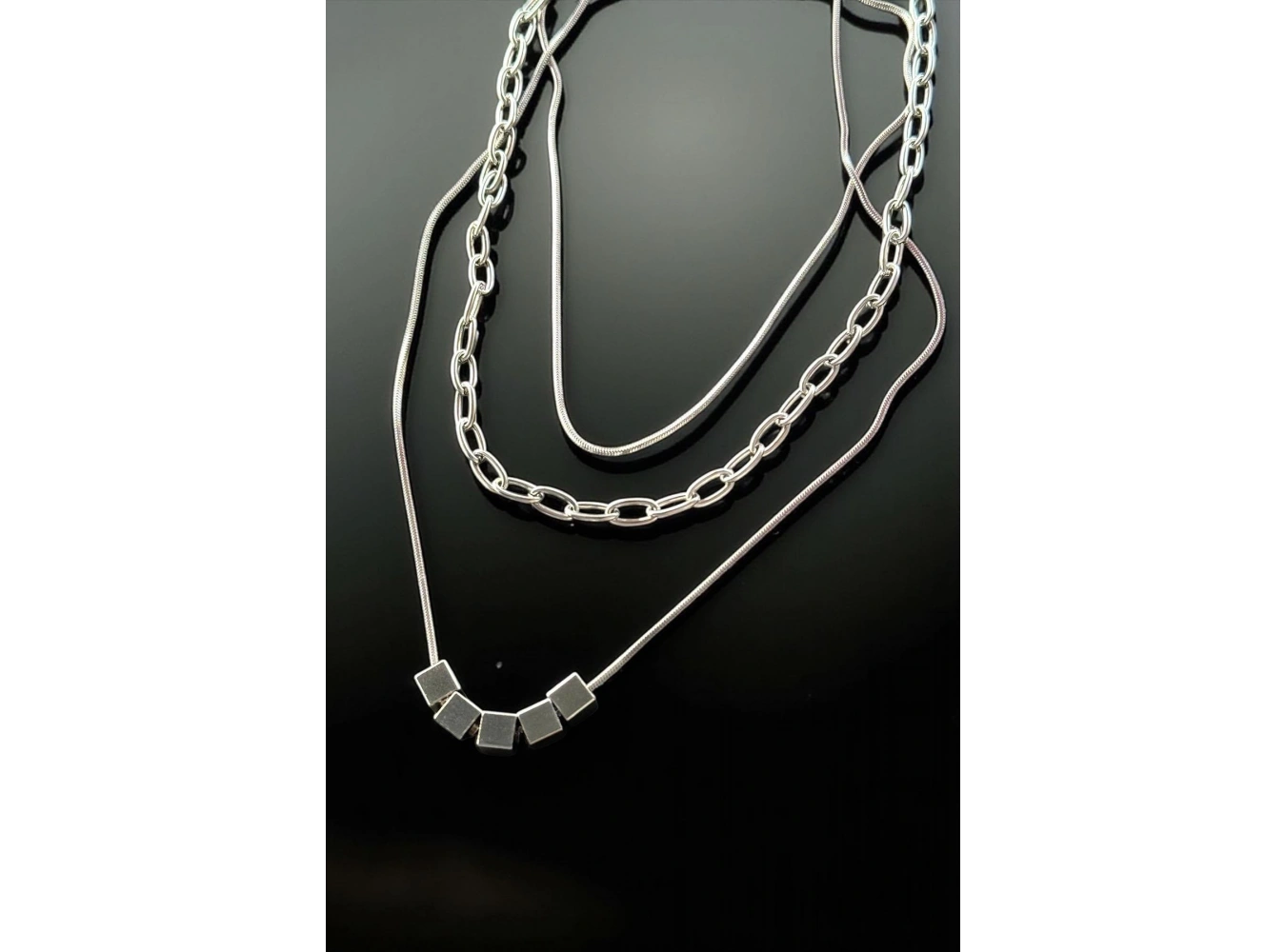 Gümüş Renk Erkek Zincir Çoklu Çelik Kolye (55cm)