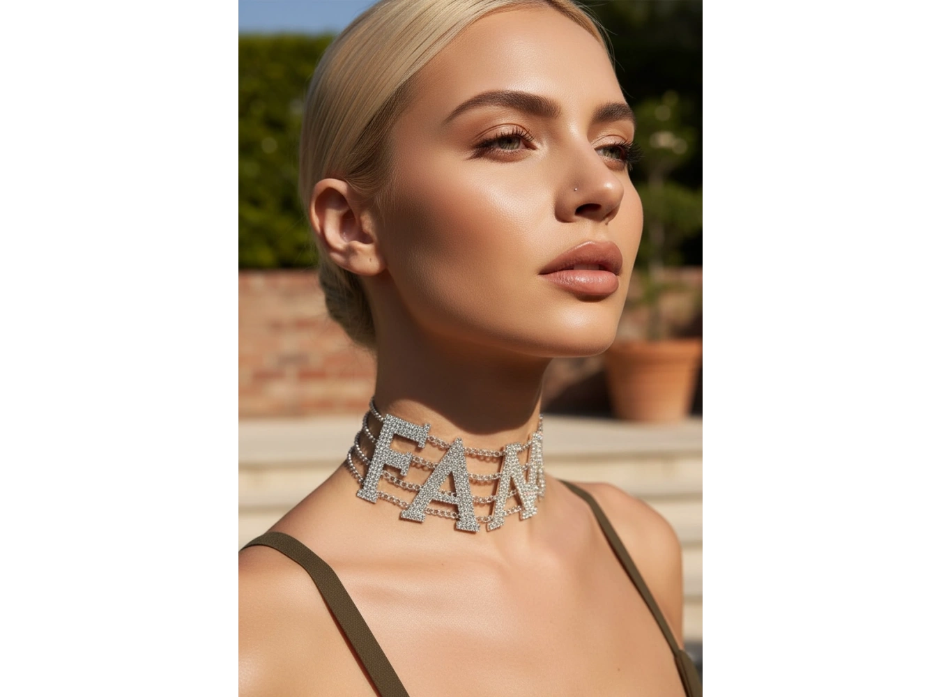 Gümüş Renk FAN Yazılı Taş Detaylı Choker Kolye