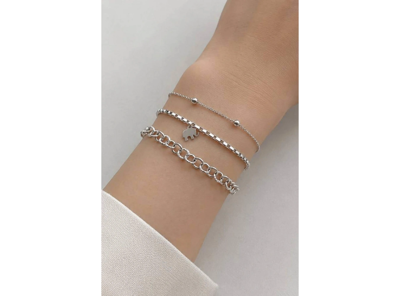 Gümüş Renk Fil Figürlü Zincir Detaylı 3lü Bileklik Set