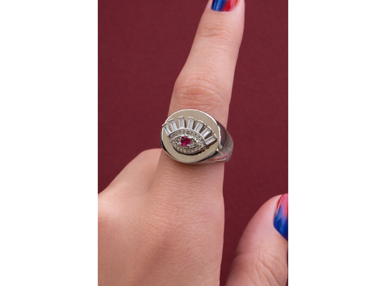 Gümüş Renk Göz Figürlü Ayarlanabilir Taşlı Yüzük