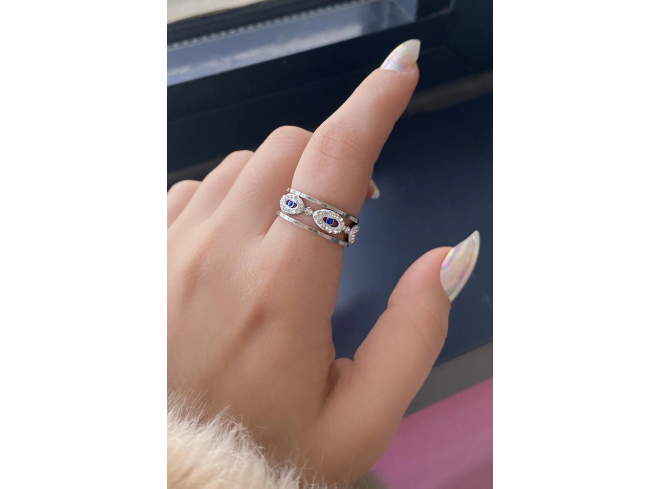 Gümüş Renk Göz Figürlü Çelik Ayarlanabilir Yüzük