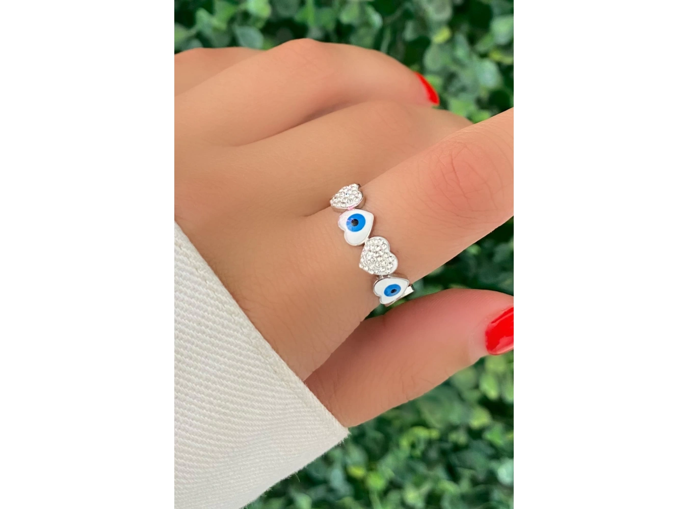 Gümüş Renk Göz Figürlü Taş Detaylı Ayarlanabilir  Çelik Yüzük