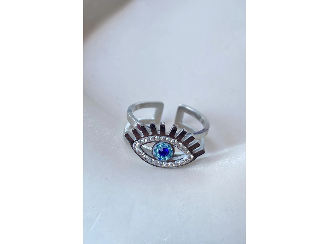 Gümüş Renk Göz Figürlü Taş Detaylı Ayarlanabilir Çelik Yüzük