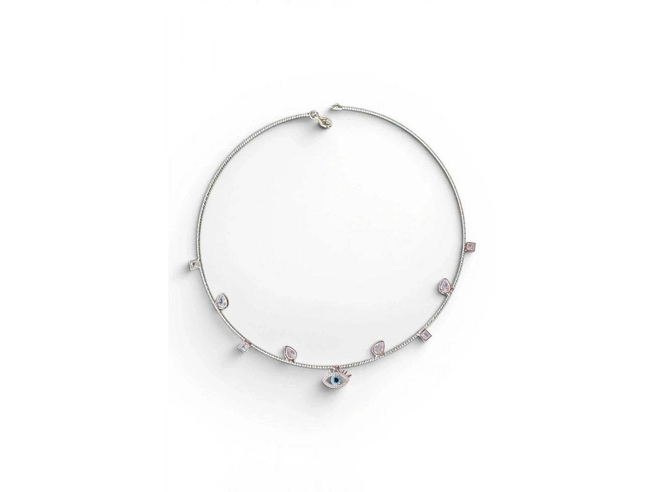 Gümüş Renk Göz Figürlü Taş Detaylı Choker Kolye