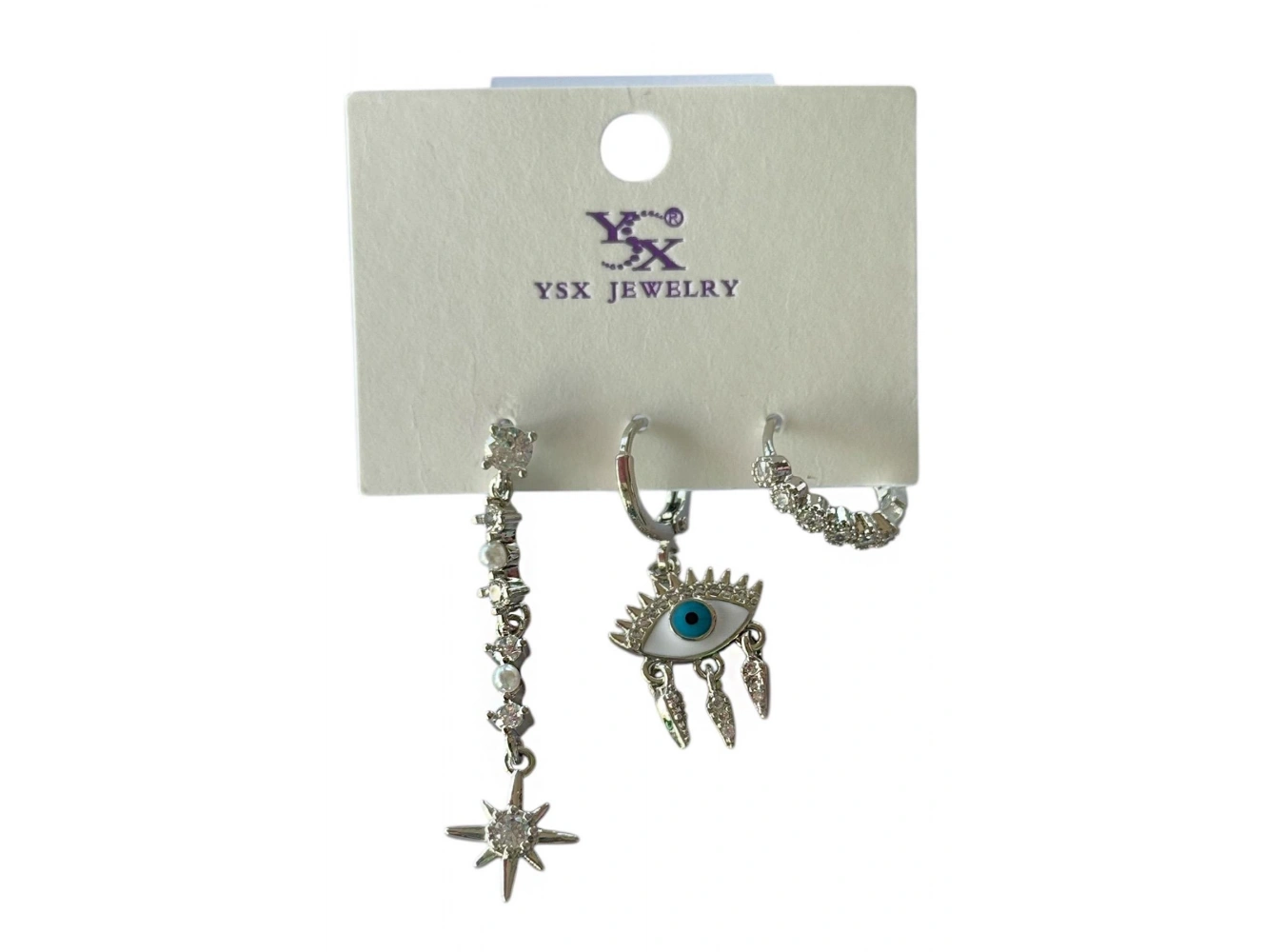 Gümüş Renk Göz Figürlü Taş Detaylı VİP 3lü YSX Küpe Set