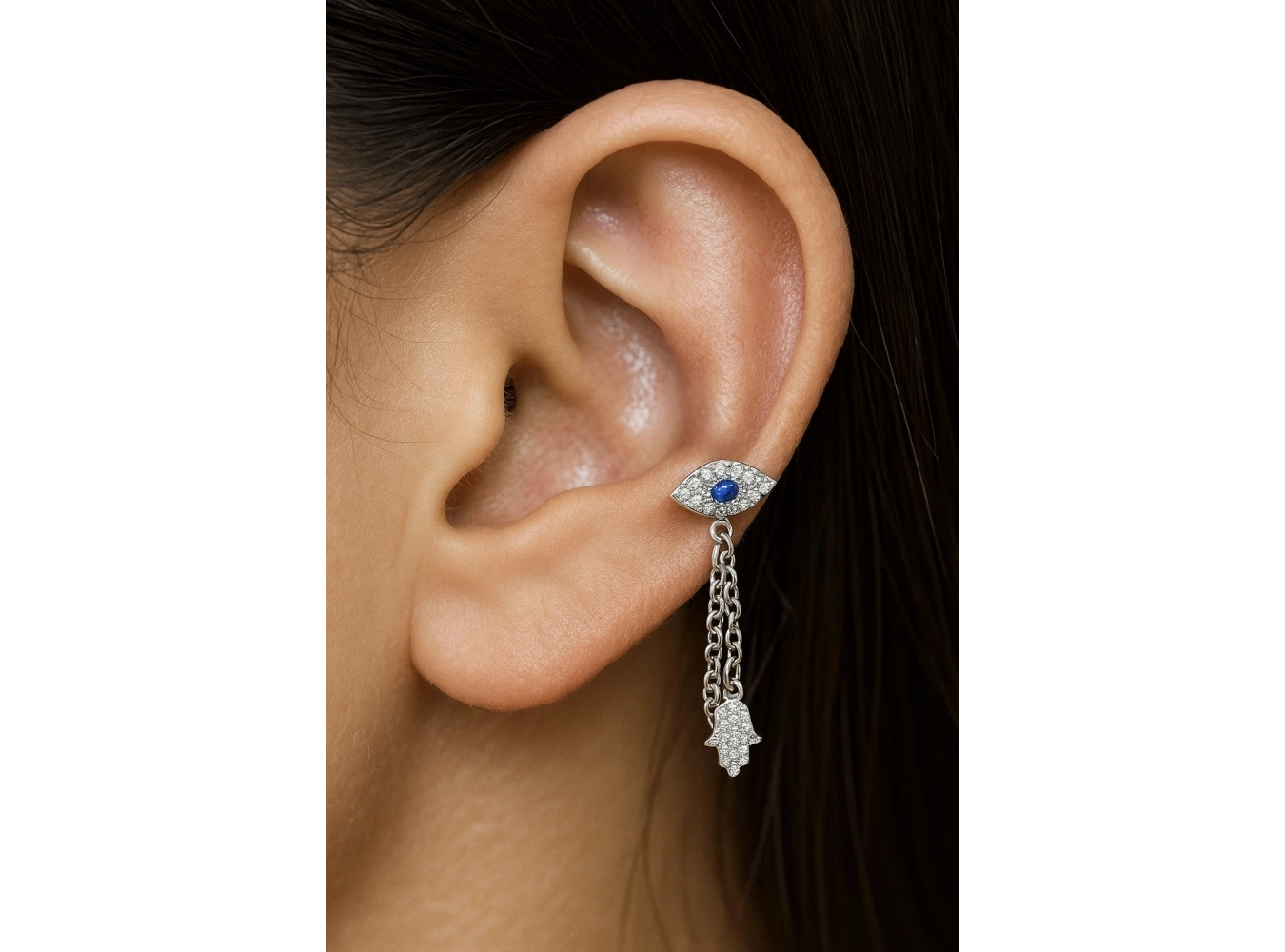 Gümüş Renk Göz Ve El Figürlü Sallantılı Cerrahi Çelik Tragus/Kıkırdak Küpe/Piercing (Tek)