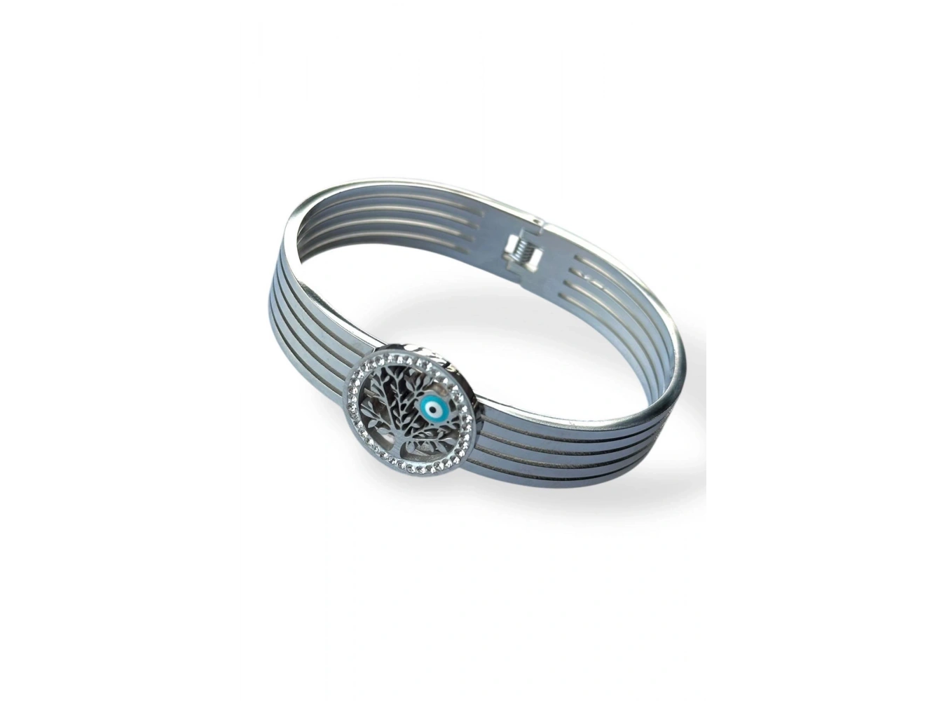 Gümüş Renk Hayat Ağacı Figürlü Çelik Kelepçe Bileklik