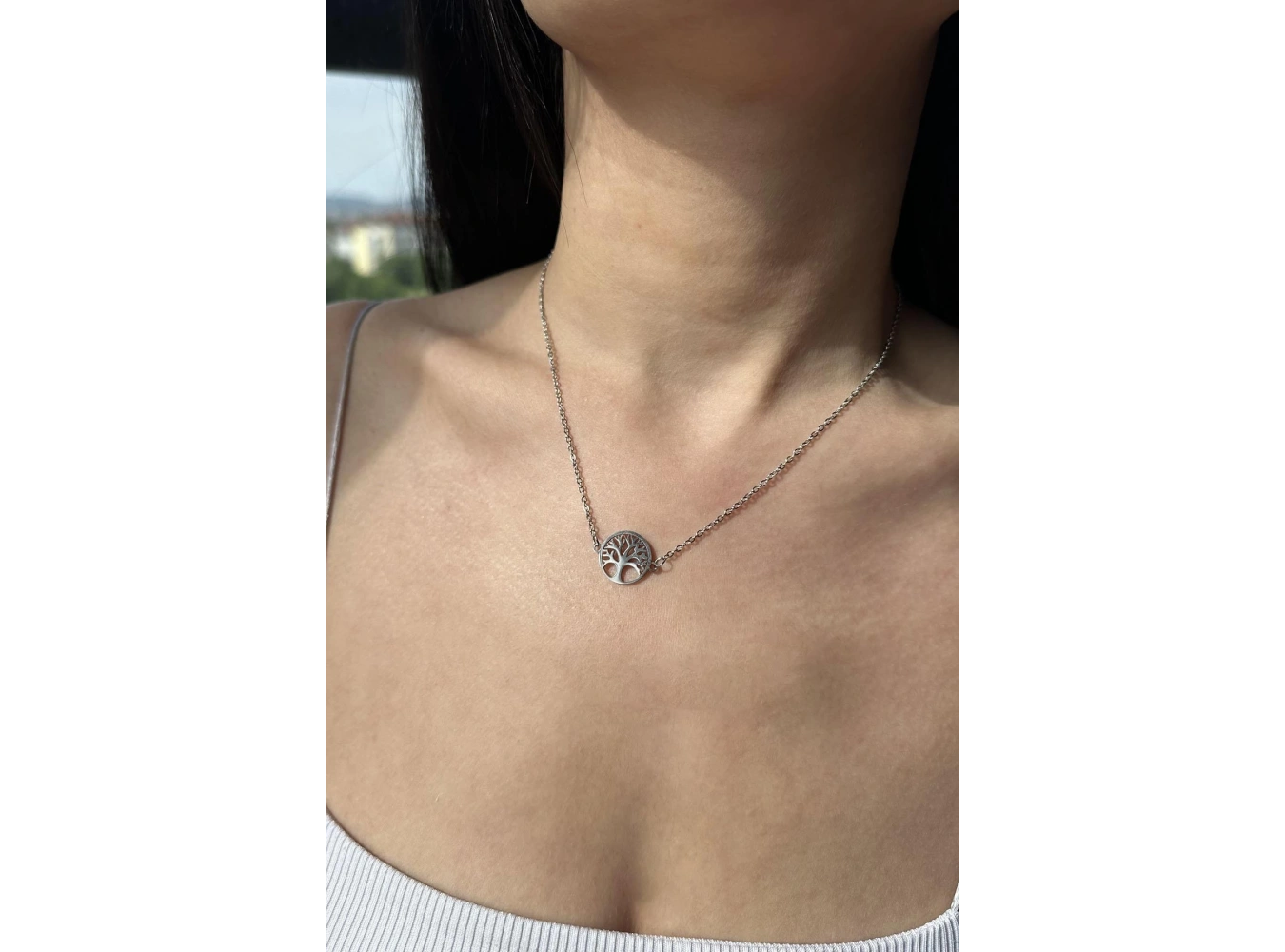 Gümüş Renk Hayat Ağacı Figürlü Çelik Kolye