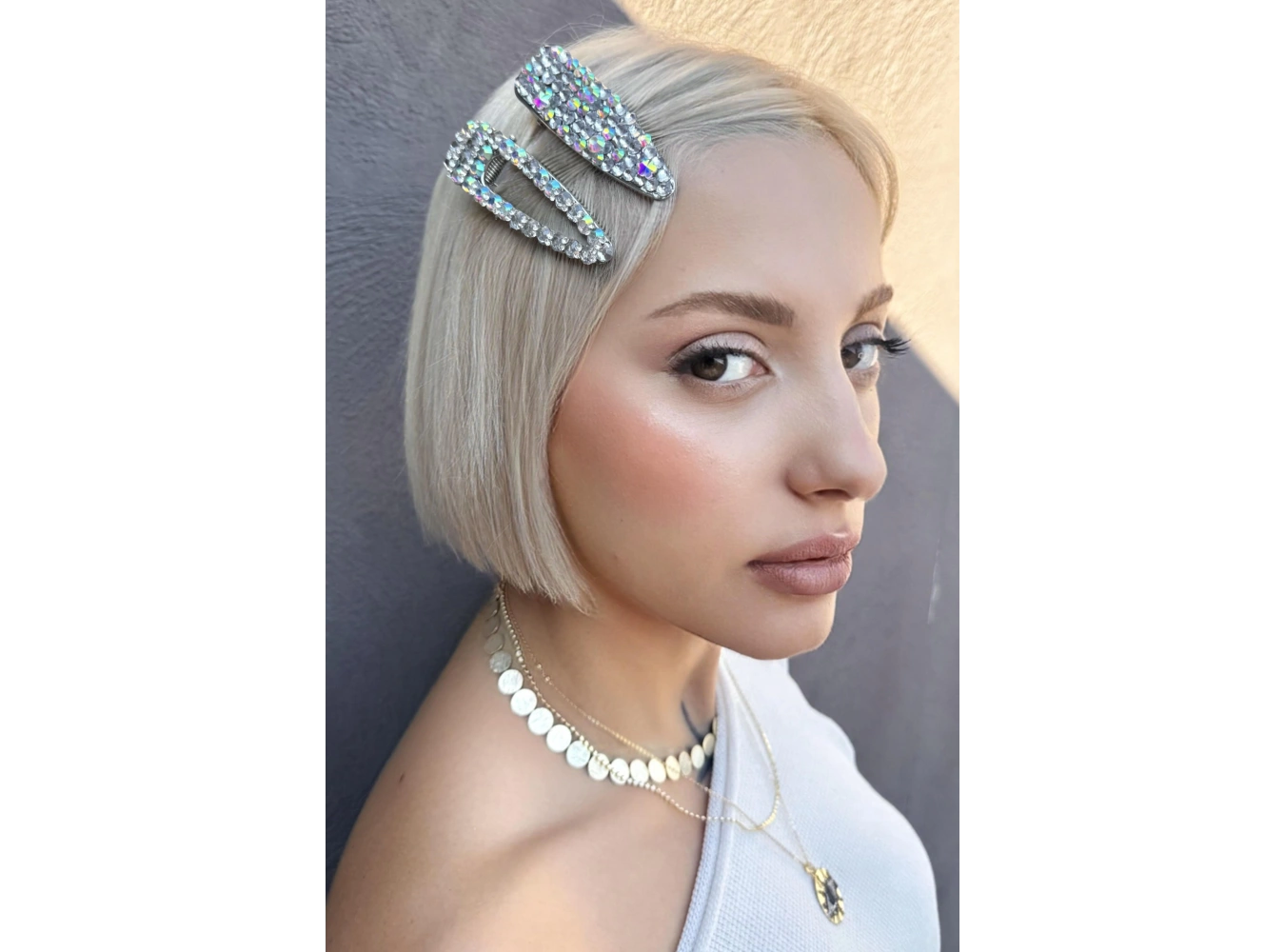 Gümüş Renk Hologram Taş Detaylı İkili Yan Toka