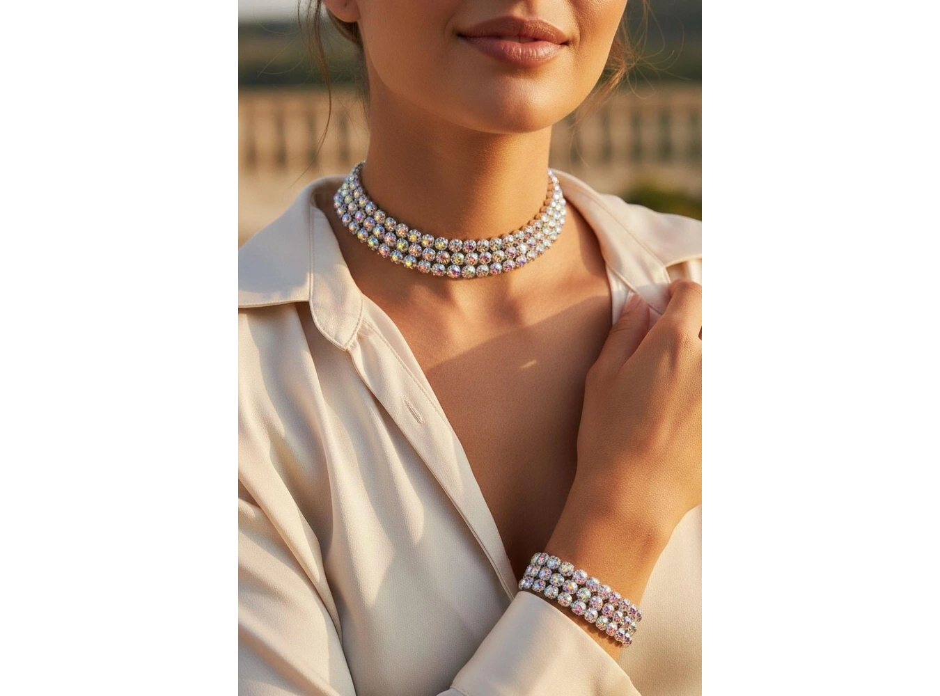 Gümüş Renk Hologram Taş Detaylı Kolye Ve Bileklik Set