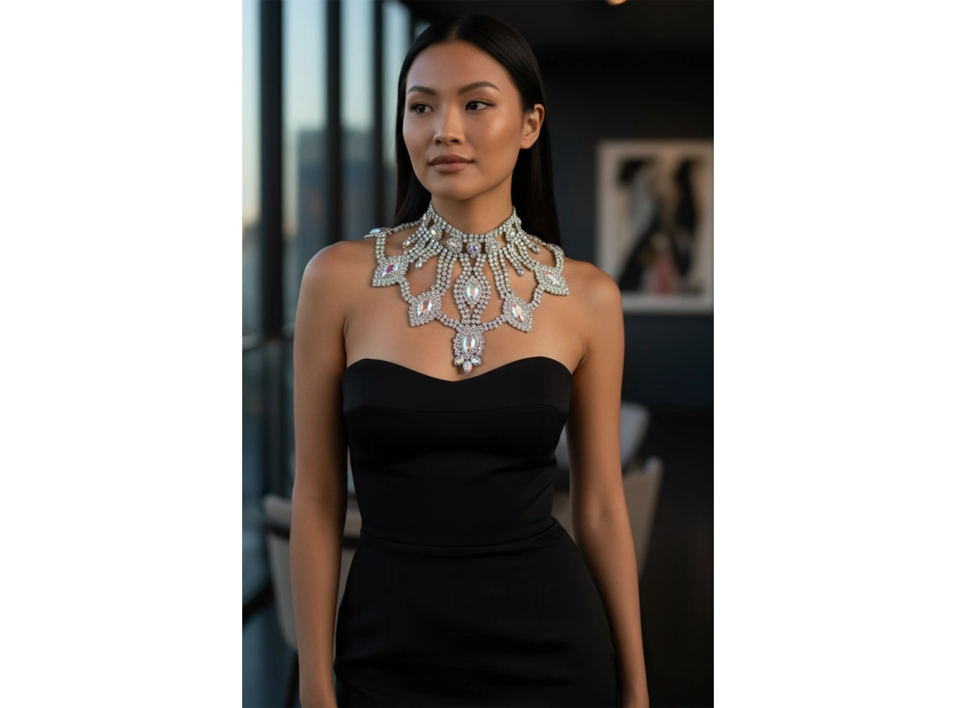 Gümüş Renk Hologram Taş Detaylı Tasarım Abiye Kolye