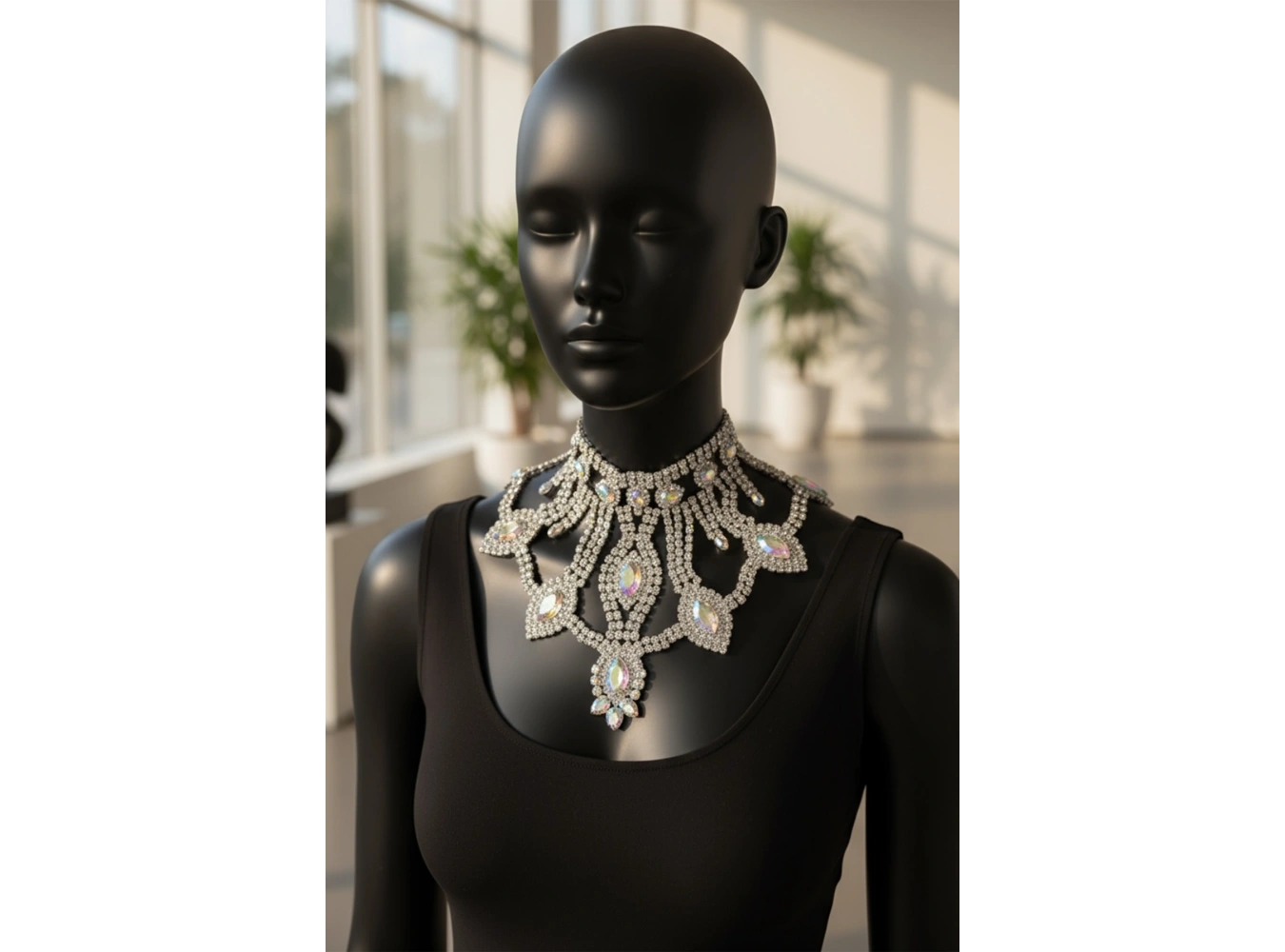 Gümüş Renk Hologram Taş Detaylı Tasarım Abiye Kolye