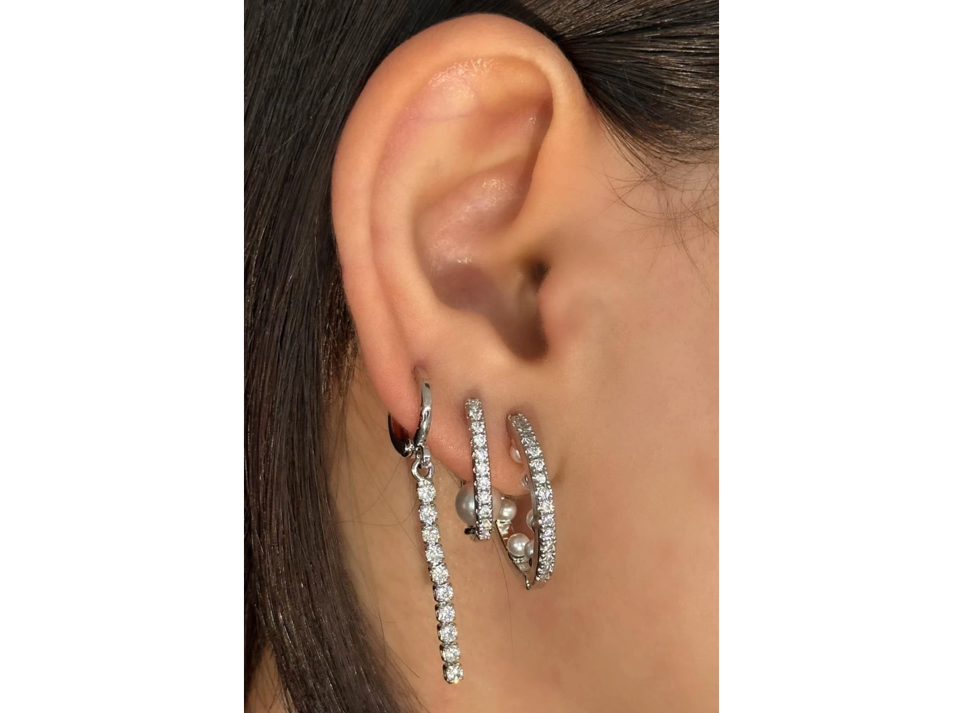 Gümüş Renk İnci Detaylı 3lü YSX Küpe Set