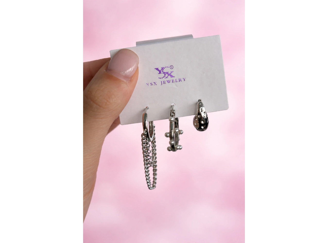 Gümüş Renk İnci Detaylı 3lü YSX Küpe Set