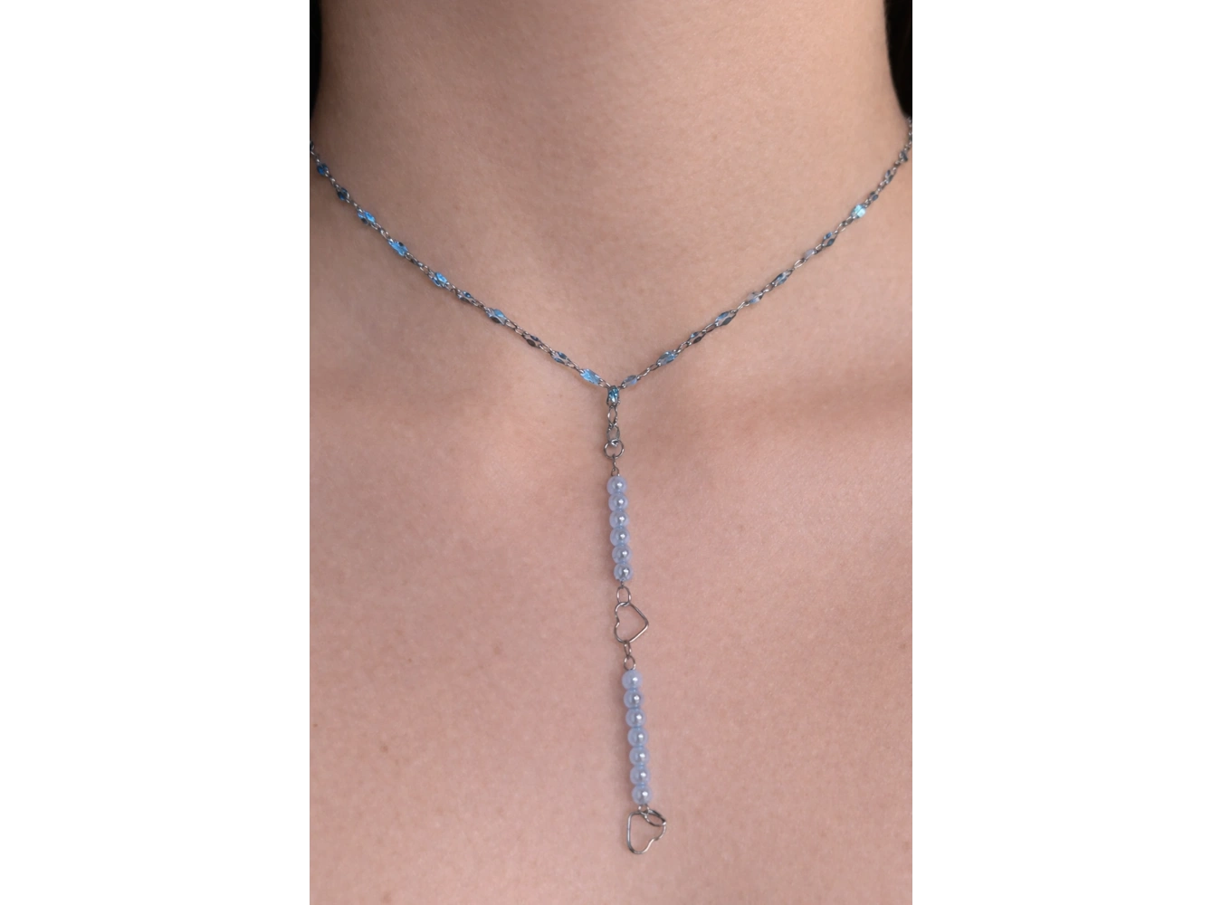 Gümüş Renk İnci Detaylı Çelik Y Kolye